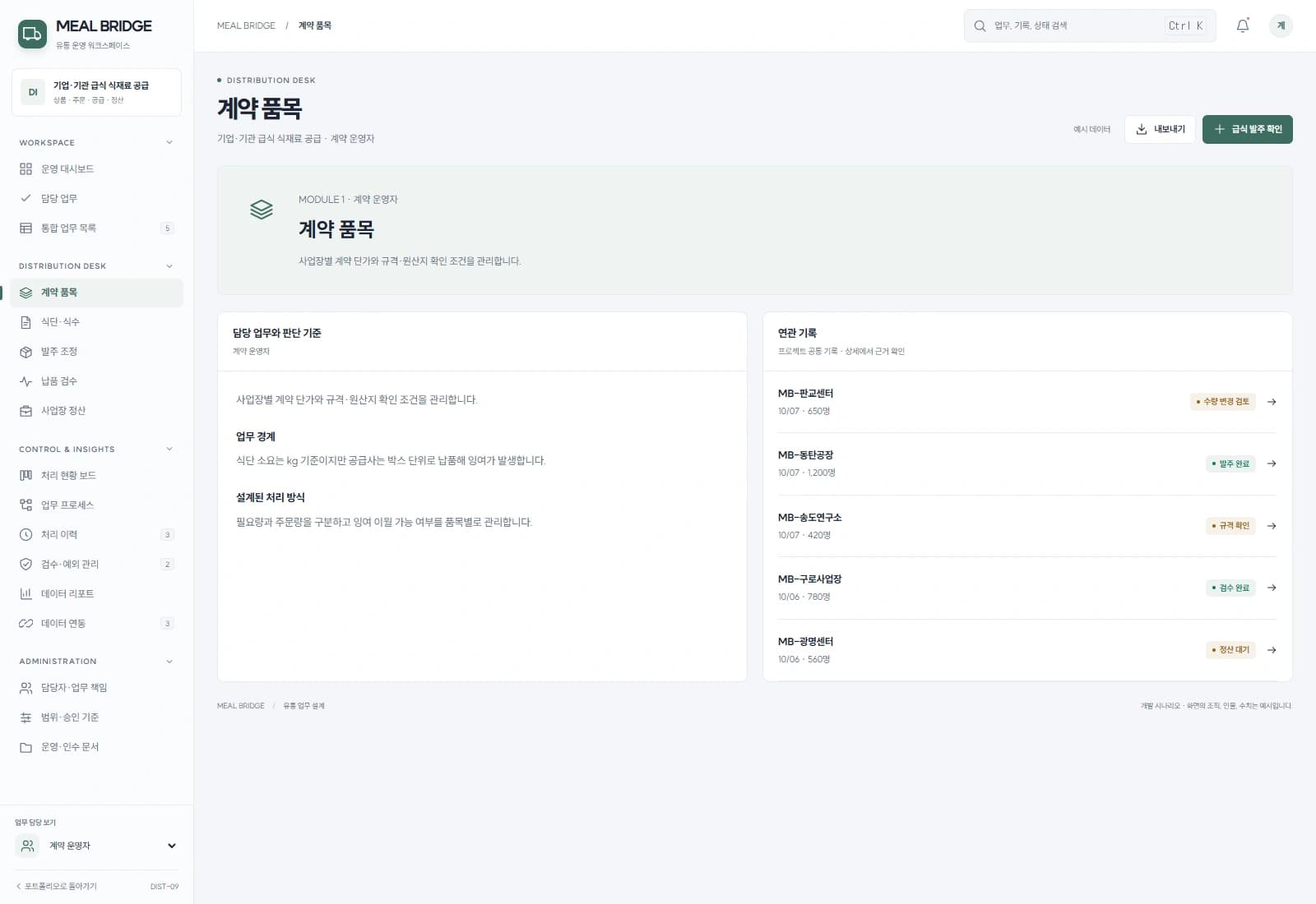 단체급식 식재료 공급 시스템 — 계약 품목 · 기록 검토: 사업장별 계약 단가와 규격·원산지 확인 조건을 관리합니다.