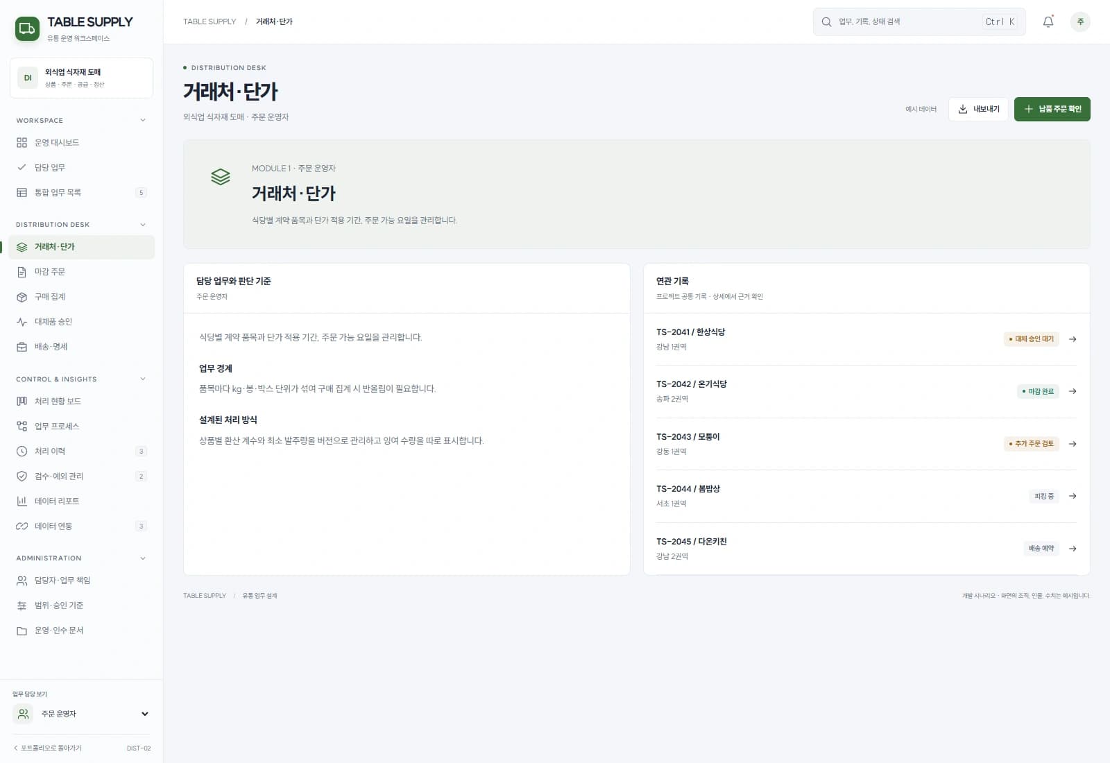 식자재 도매 주문 솔루션 — 거래처·단가 · 기록 검토: 식당별 계약 품목과 단가 적용 기간, 주문 가능 요일을 관리합니다.