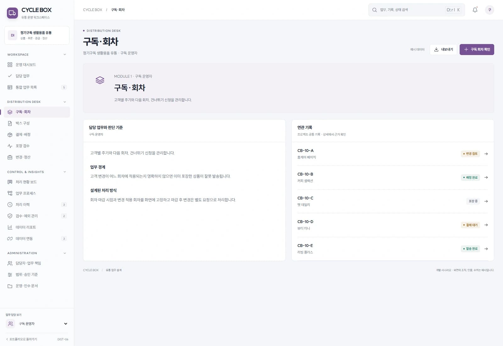 정기구독 상품 유통 시스템 — 구독·회차 · 기록 검토: 고객별 주기와 다음 회차, 건너뛰기 신청을 관리합니다.