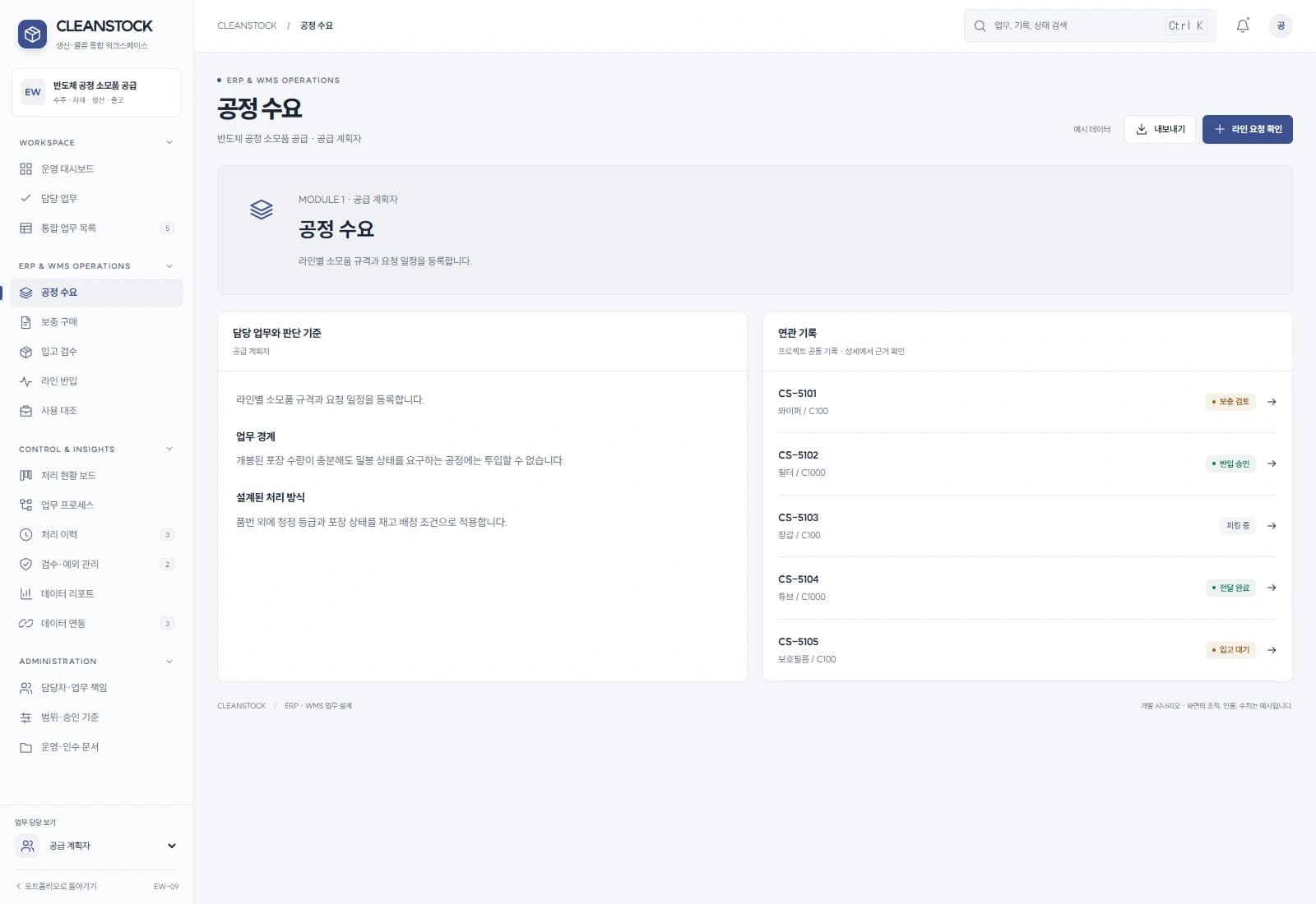 반도체 소모품 구매·물류 시스템 — 공정 수요 · 기록 검토: 라인별 소모품 규격과 요청 일정을 등록합니다.