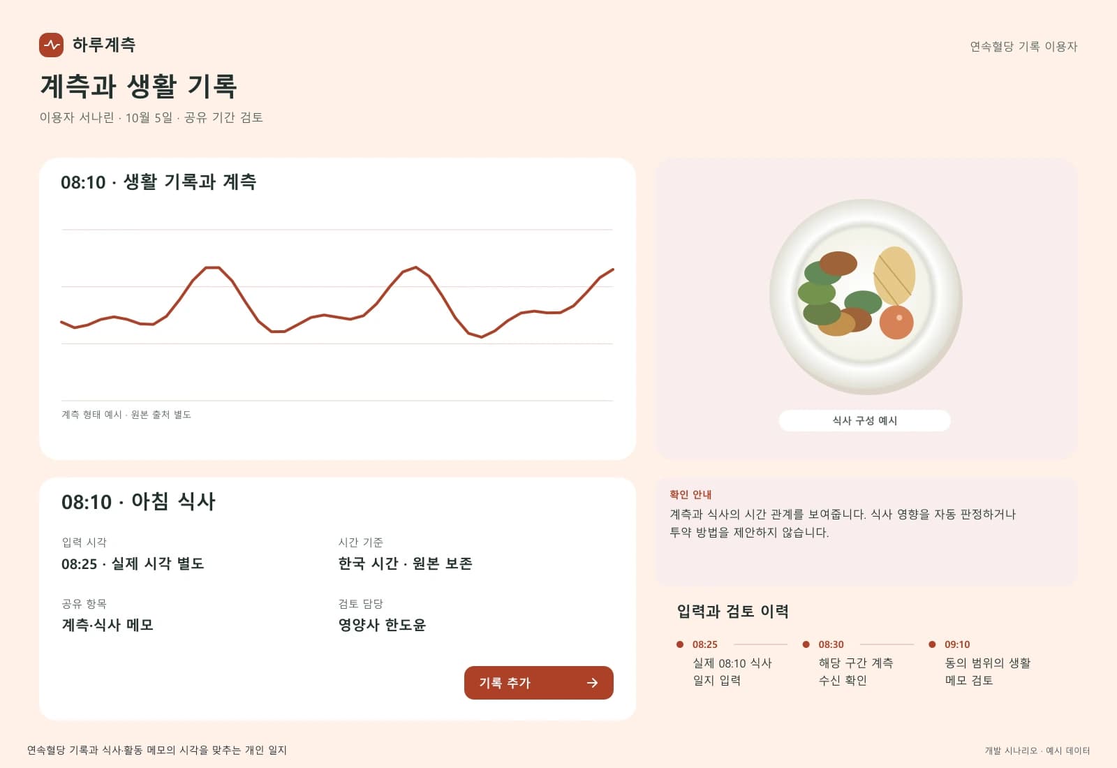 혈당·식단 관리 앱 개발 — 업무 상세와 처리 이력: 계측과 식사의 시간 관계를 보여줍니다. 식사 영향을 자동 판정하거나 투약 방법을 제안하지 않습니다.