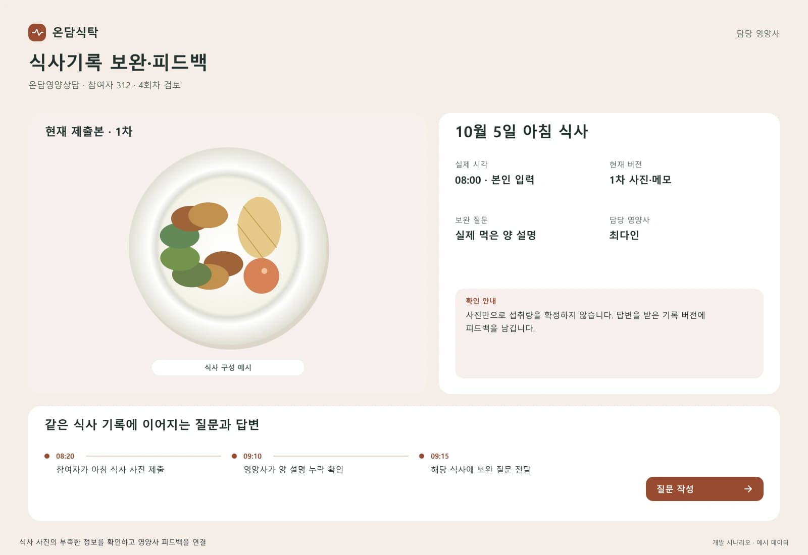 영양 상담 관리 솔루션 — 업무 상세와 처리 이력: 사진만으로 섭취량을 확정하지 않습니다. 답변을 받은 기록 버전에 피드백을 남깁니다.