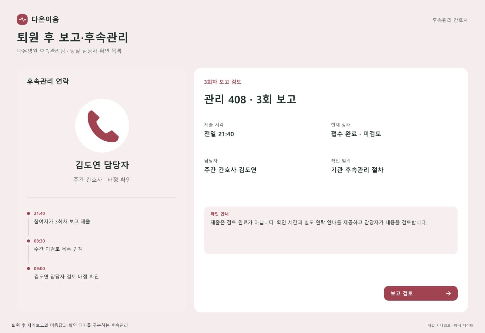 퇴원 환자 사후 관리 솔루션 — 업무 상세와 처리 이력: 제출은 검토 완료가 아닙니다. 확인 시간과 별도 연락 안내를 제공하고 담당자가 내용을 검토합니다.