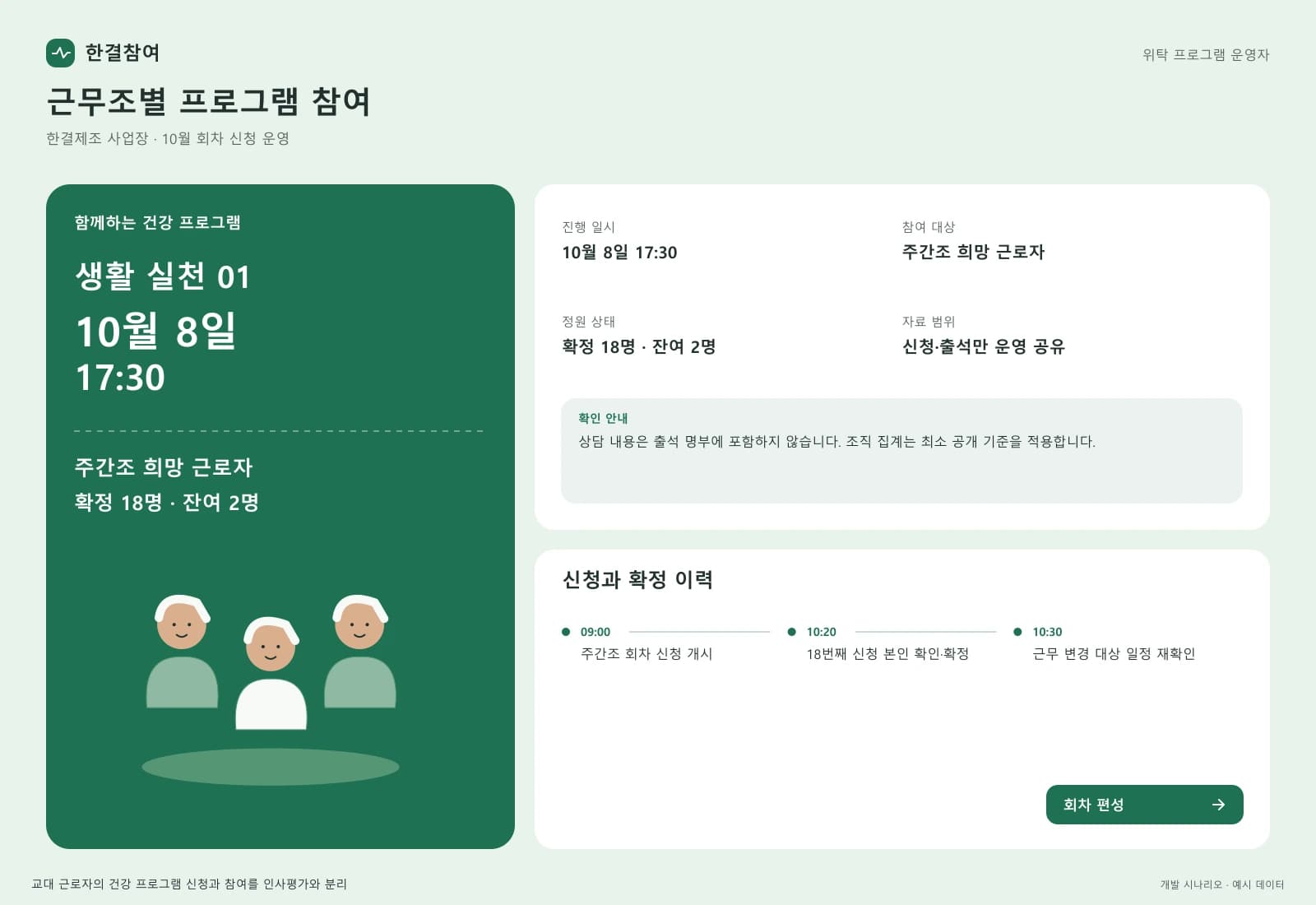 임직원 건강 프로그램 관리 시스템 — 업무 상세와 처리 이력: 상담 내용은 출석 명부에 포함하지 않습니다. 조직 집계는 최소 공개 기준을 적용합니다.