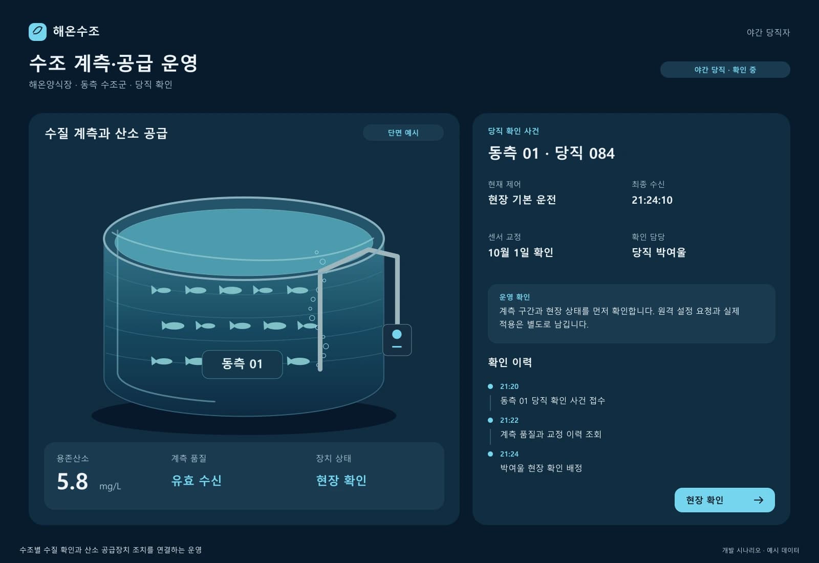 양식장 수질 관리 시스템 — 업무 상세와 처리 이력: 계측 구간과 현장 상태를 먼저 확인합니다. 원격 설정 요청과 실제 적용은 별도로 남깁니다.