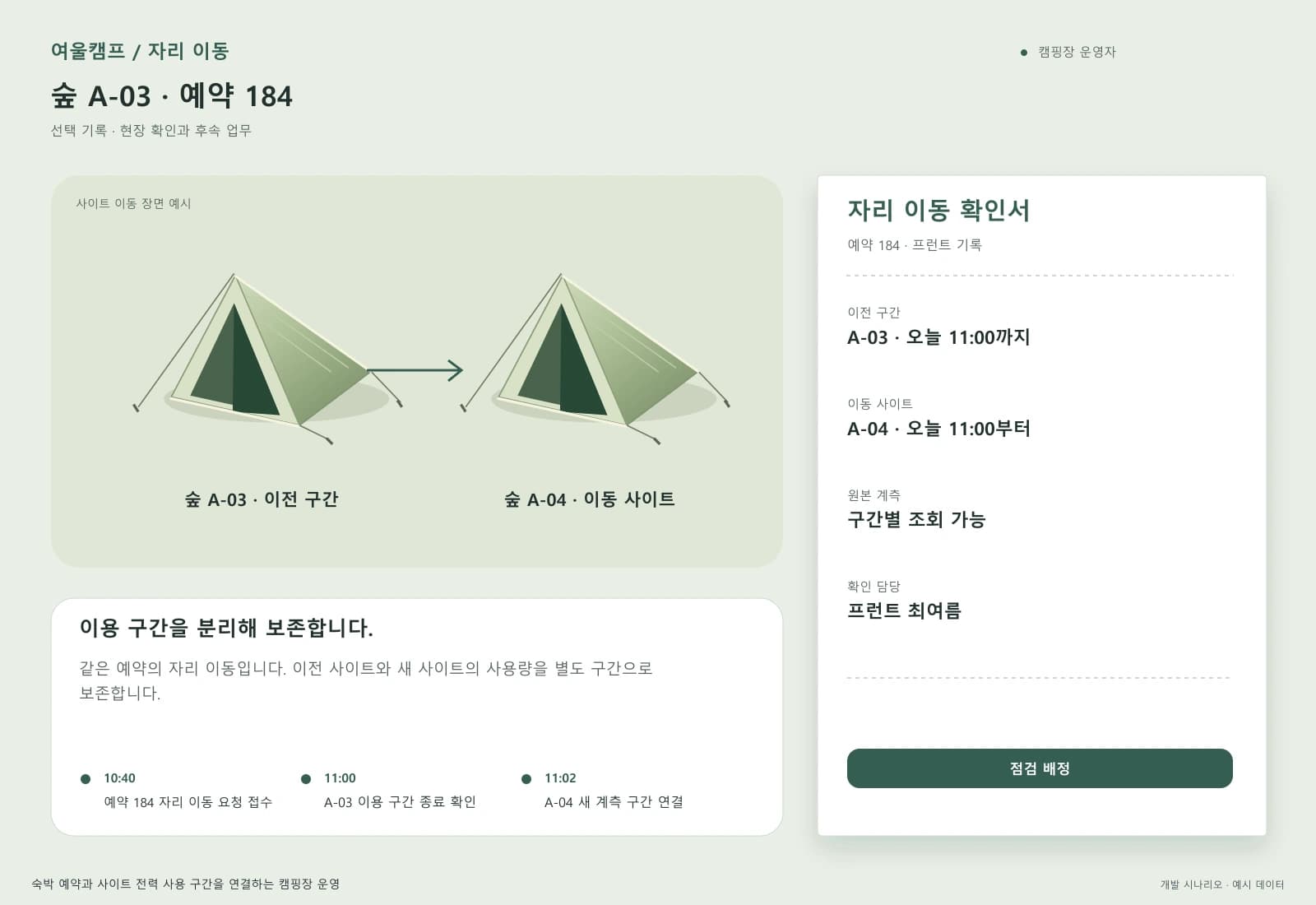 캠핑장 시설 관리 솔루션 — 업무 상세와 처리 이력: 같은 예약의 자리 이동입니다. 이전 사이트와 새 사이트의 사용량을 별도 구간으로 보존합니다.