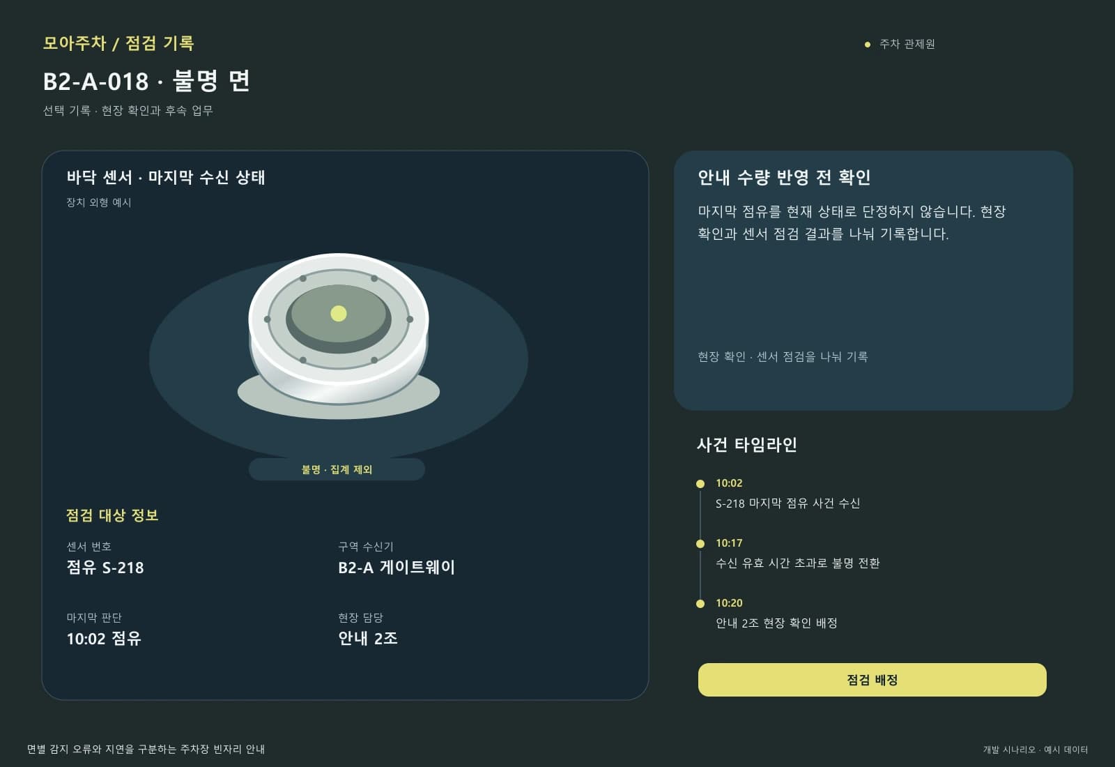 스마트 주차 안내 시스템 — 업무 상세와 처리 이력: 마지막 점유를 현재 상태로 단정하지 않습니다. 현장 확인과 센서 점검 결과를 나눠 기록합니다.