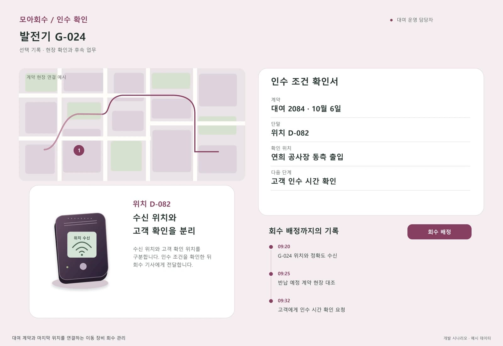 렌탈 장비 위치 관리 시스템 — 업무 상세와 처리 이력: 수신 위치와 고객 확인 위치를 구분합니다. 인수 조건을 확인한 뒤 회수 기사에게 전달합니다.