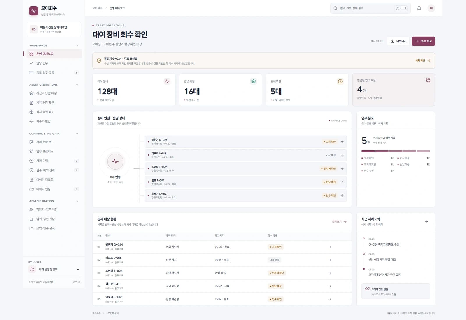 렌탈 장비 위치 관리 시스템 — 대여 장비 회수 확인: 모아장비 · 이번 주 반납과 현장 확인 대상