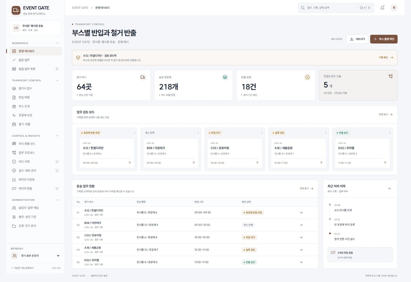 EVENT GATE · 전시장·행사장 운송 · 운영 예시
