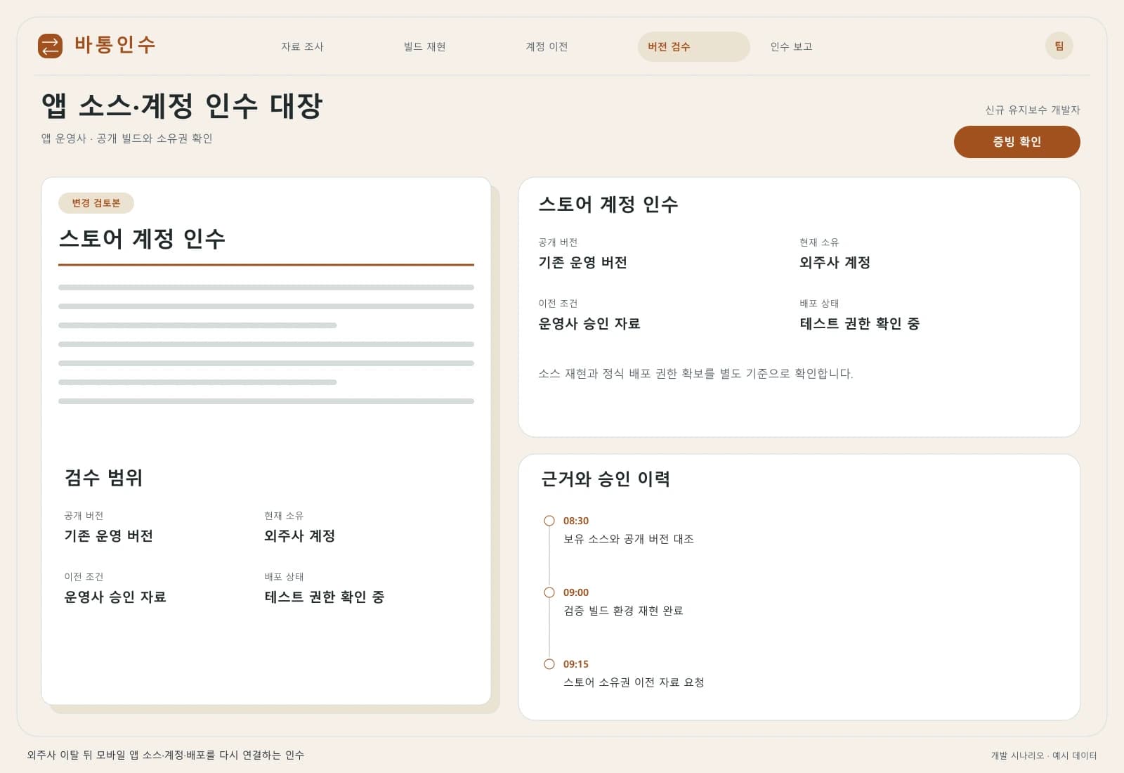 모바일 앱 운영 이관 프로젝트 — 업무 상세와 처리 이력: 소스 재현과 정식 배포 권한 확보를 별도 기준으로 확인합니다.