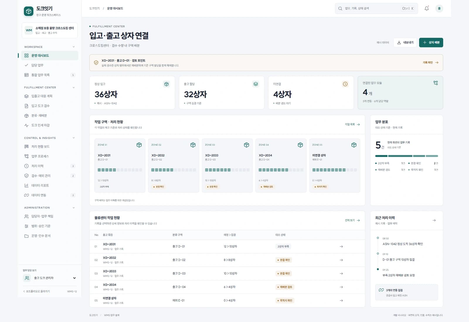 크로스도킹 운영 시스템 대표 화면