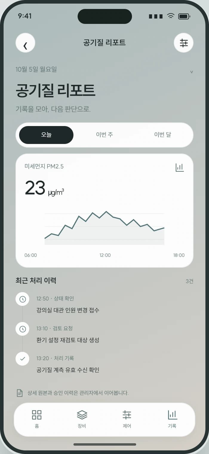 AER 앱 4: 공기질 리포트. 계측 추이와 예약 변경에 따른 운영 기록을 비교합니다.