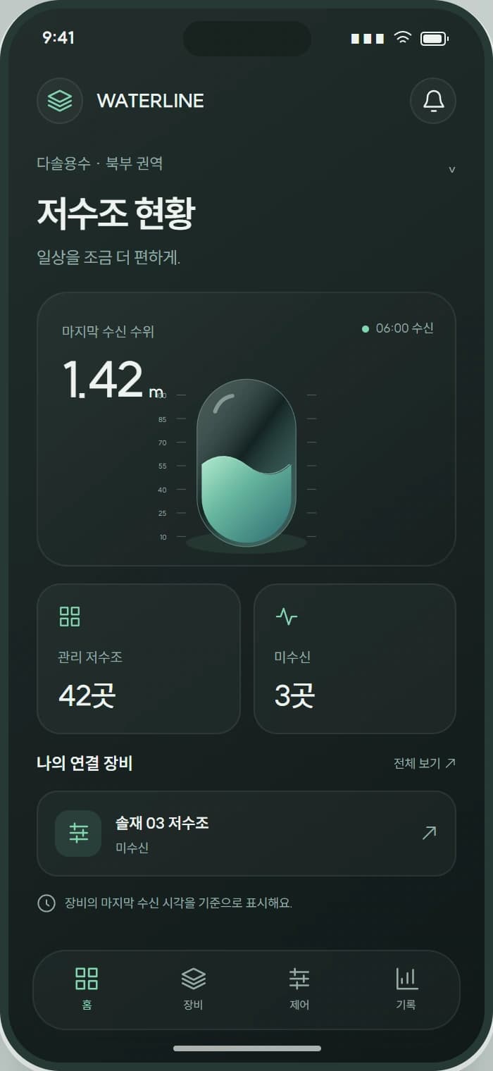 WATERLINE 앱 1: 저수조 현황. 현장의 현재 상태와 확인할 일을 한눈에 살펴봅니다.