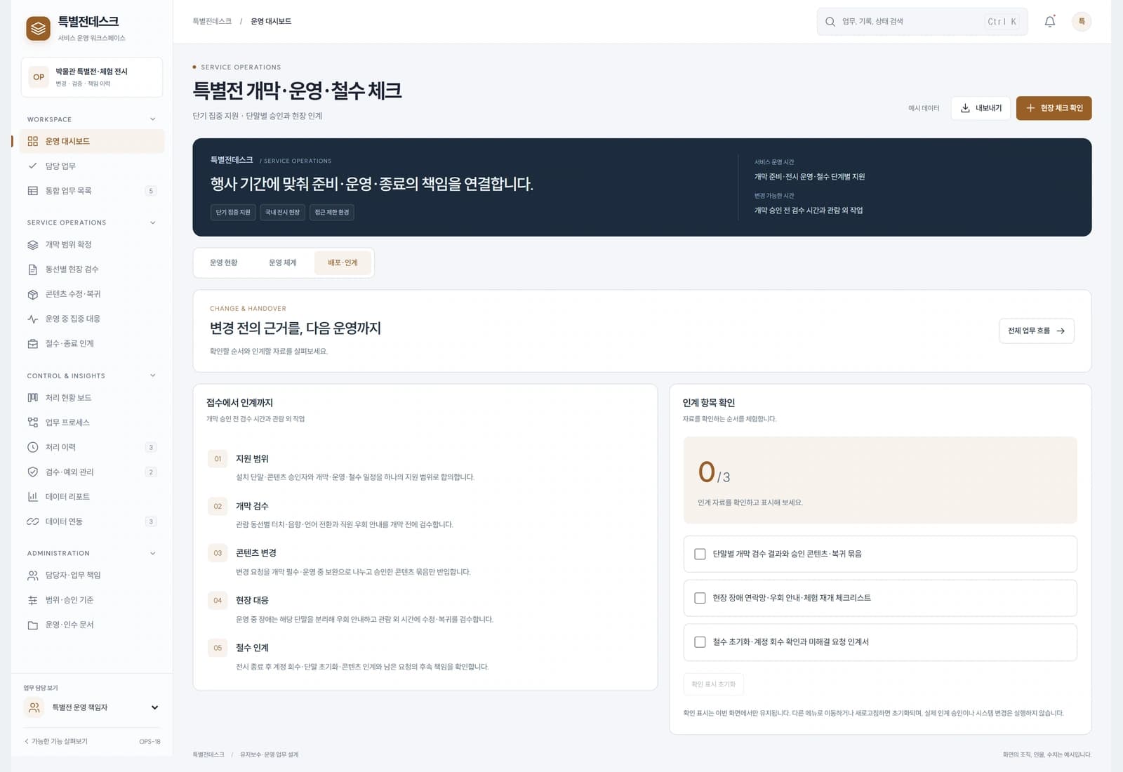 관람 외 시간에 승인 묶음을 적용하고 문제 단말은 우회 안내 후 이전 묶음으로 복귀해 재개 여부를 확인합니다.