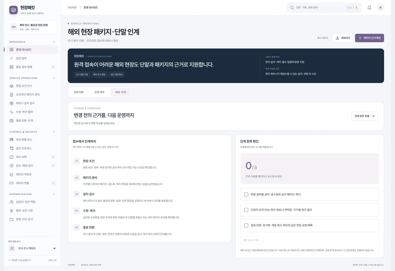 승인 묶음과 파일 해시를 대조한 뒤 파트너가 설치하고 재검수 불가 단말은 이전 검증 패키지로 복귀합니다.