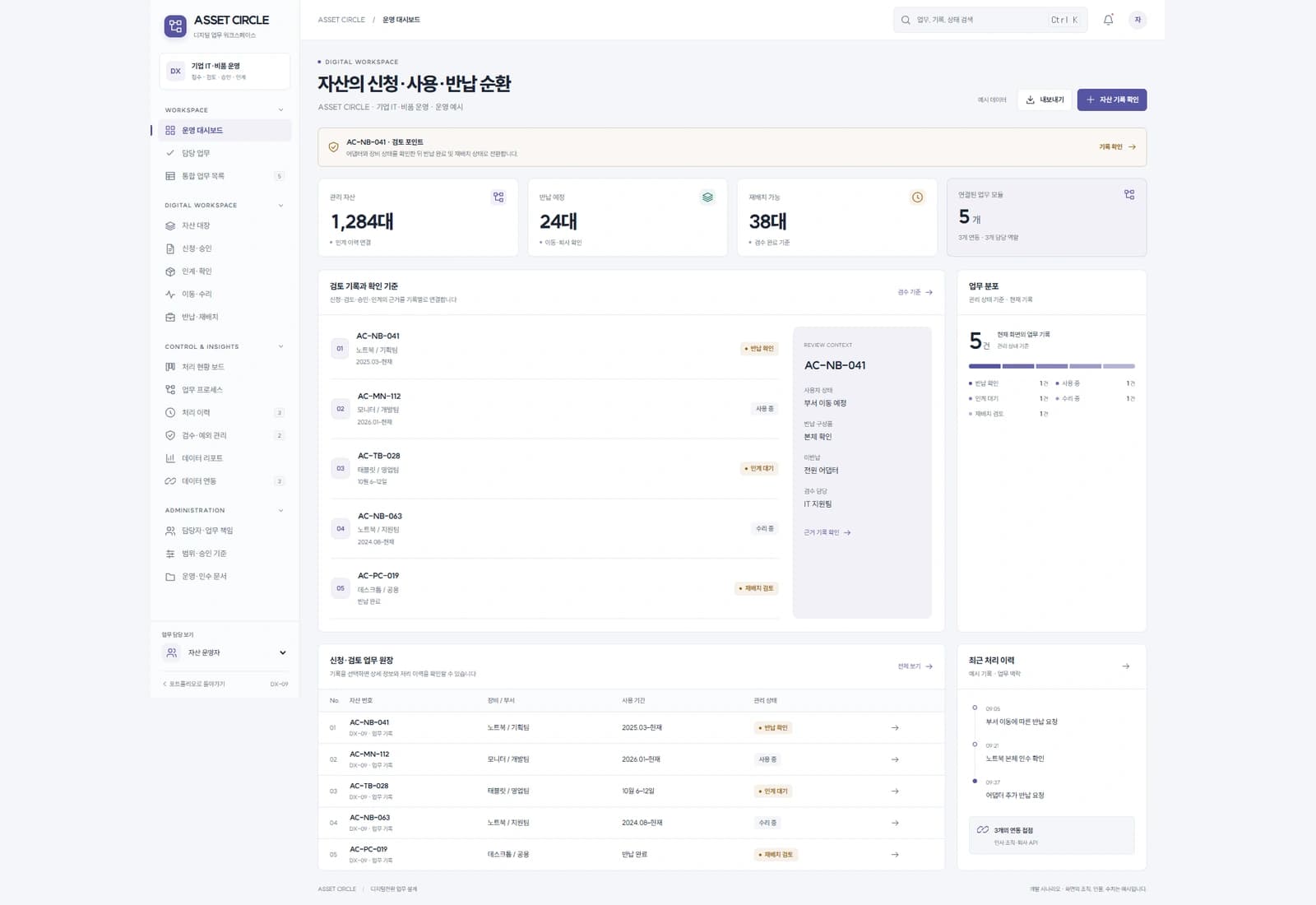 사내 자산 신청·반납 시스템 대표 화면