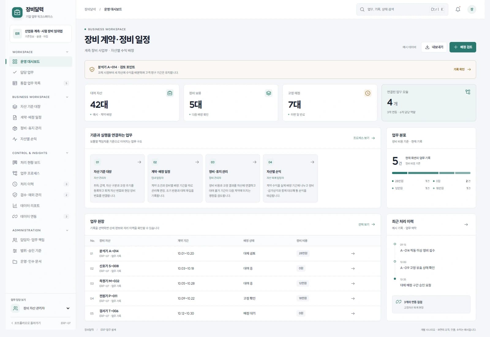 렌탈 장비 자산 관리 시스템 대표 화면