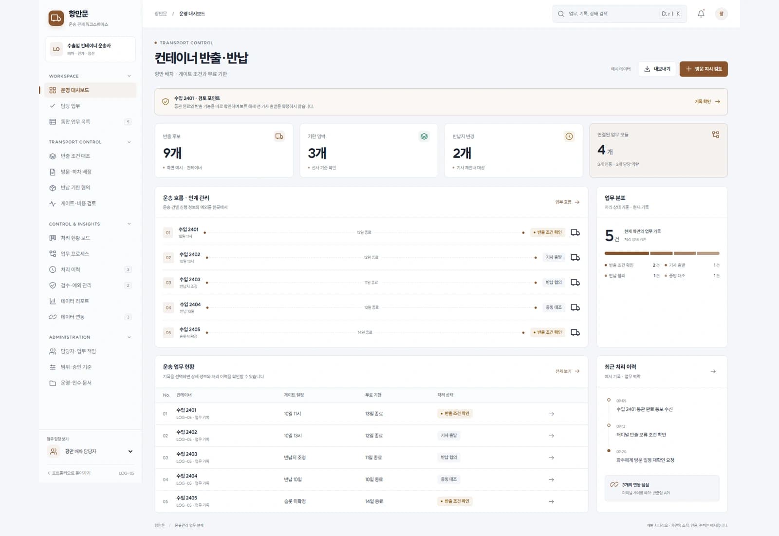 항만 컨테이너 운송 관리 시스템 대표 화면