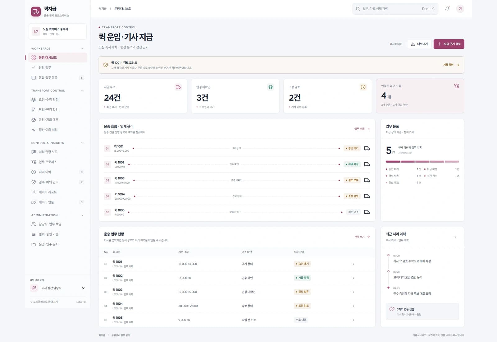 퀵서비스 배차·정산 시스템 대표 화면