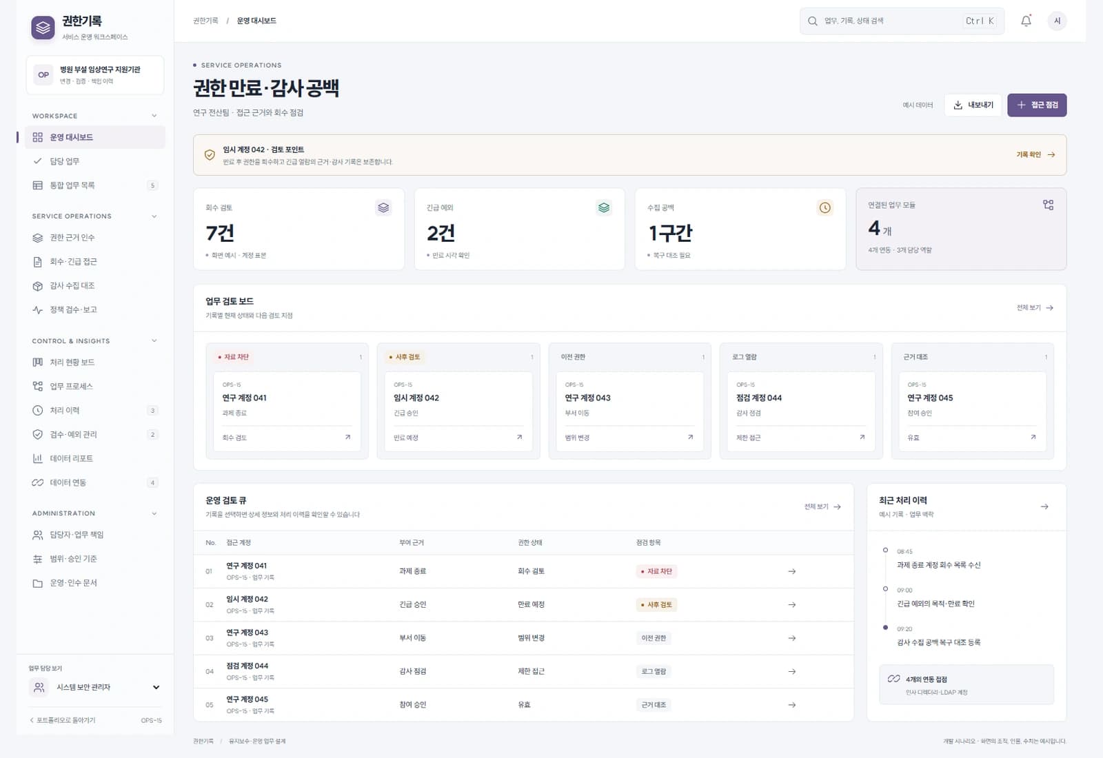 병원 권한·감사 시스템 운영 프로젝트 대표 화면