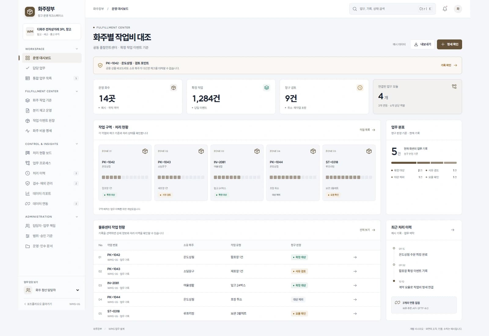 3PL 화주별 물류 관리 솔루션 대표 화면