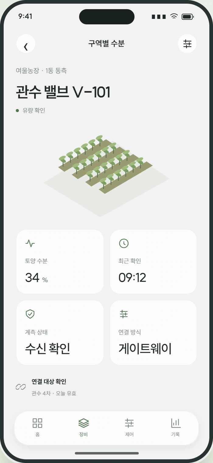 GROVE 앱 2: 구역별 수분. 공간과 장비별 상태, 수신 시각을 자세히 확인합니다.