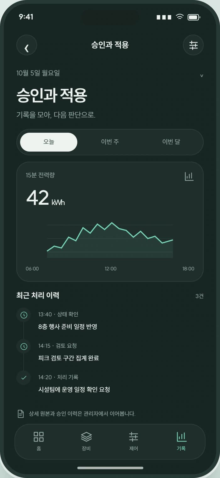 GRID CONNECT 앱 4: 승인과 적용. 요청·응답·실행 결과를 구분해 이전 작업을 이어갑니다.