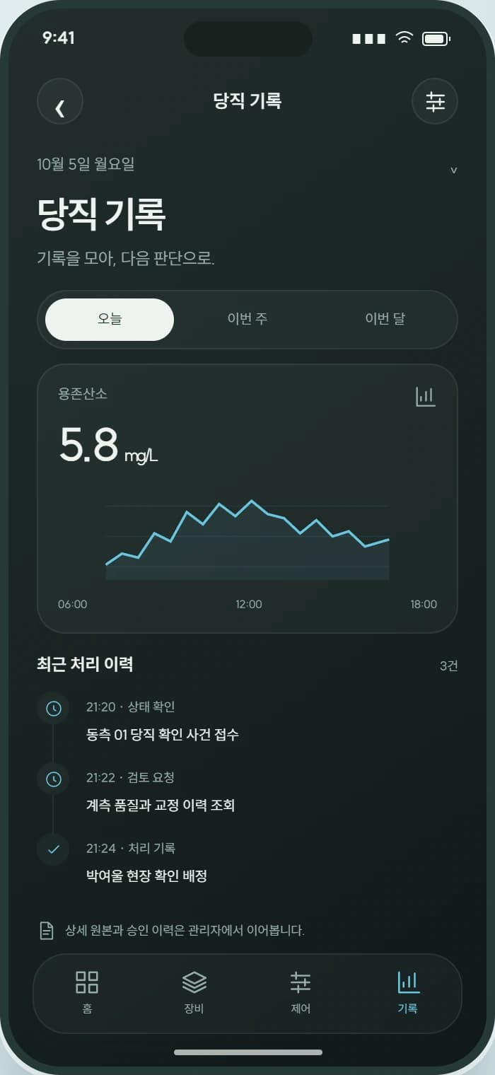 BLUECURRENT 앱 4: 당직 기록. 요청·응답·실행 결과를 구분해 이전 작업을 이어갑니다.