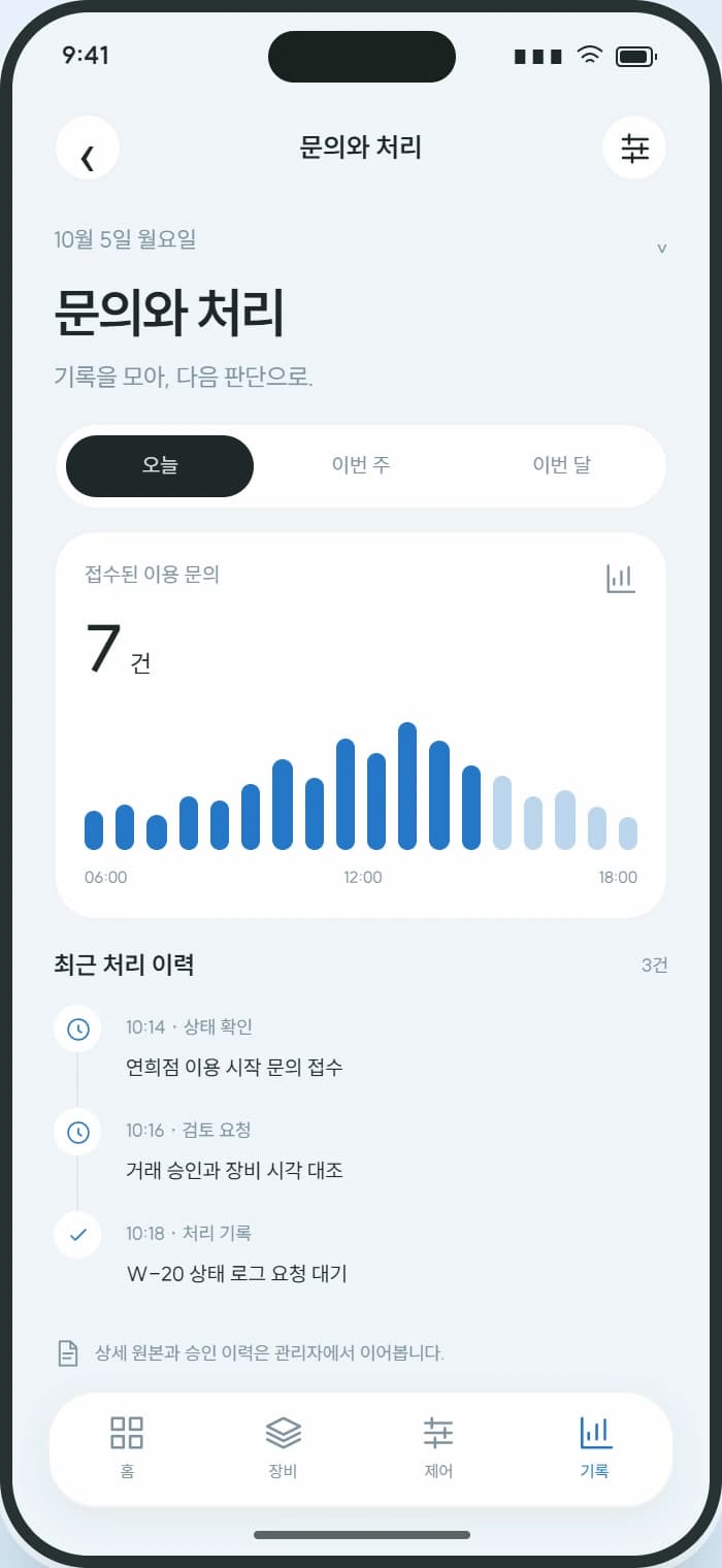 WASHDAY 앱 4: 문의와 처리. 이용 문의를 원격 진단과 기사 출동으로 연결합니다.