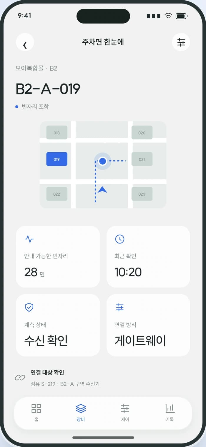 PARKSIDE 앱 2: 주차면 한눈에. 도면에서 빈자리, 점유, 불명 면을 구분합니다.