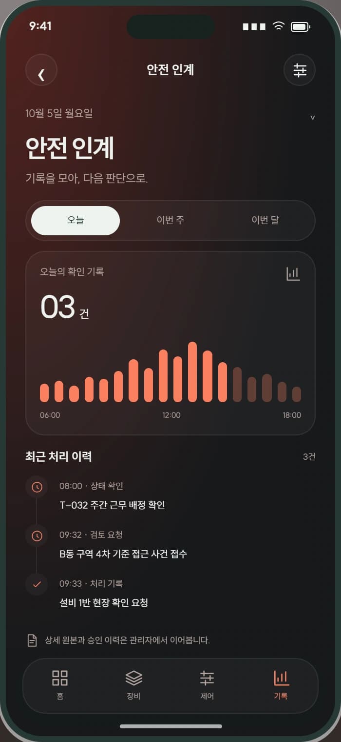 SITE GUARD 앱 4: 안전 인계. 담당자와 조치 시간을 다음 근무자에게 전달합니다.
