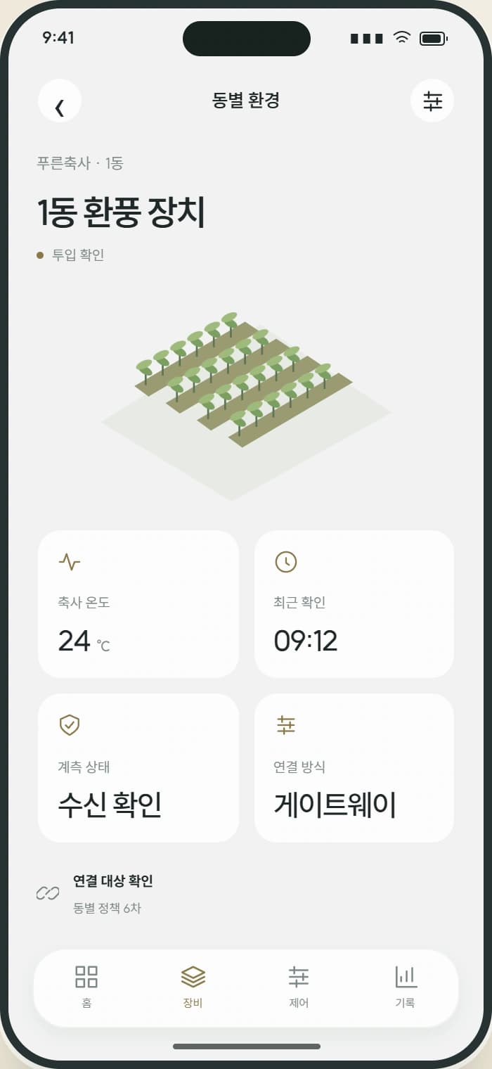 FARM AIR 앱 2: 동별 환경. 공간과 장비별 상태, 수신 시각을 자세히 확인합니다.