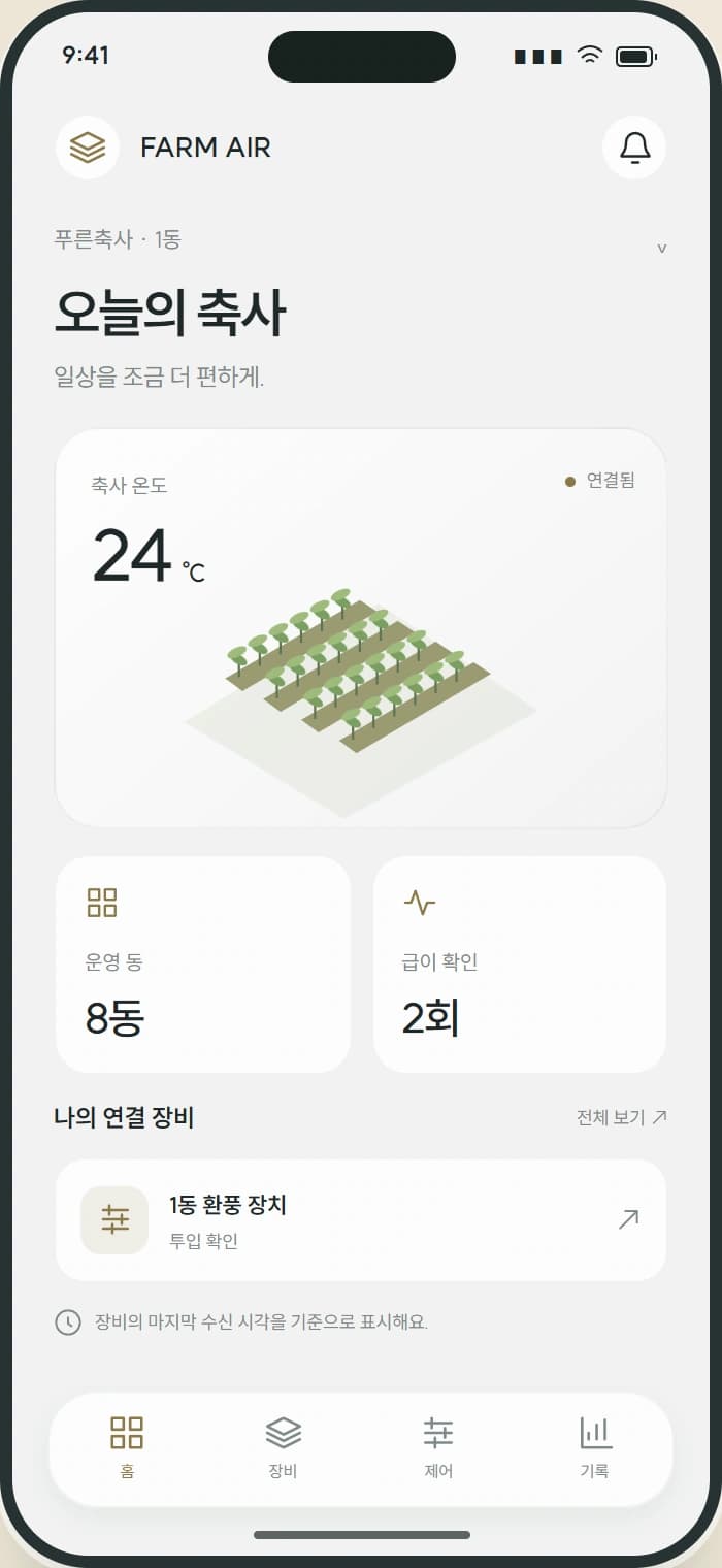 FARM AIR 앱 1: 오늘의 축사. 현장의 현재 상태와 확인할 일을 한눈에 살펴봅니다.