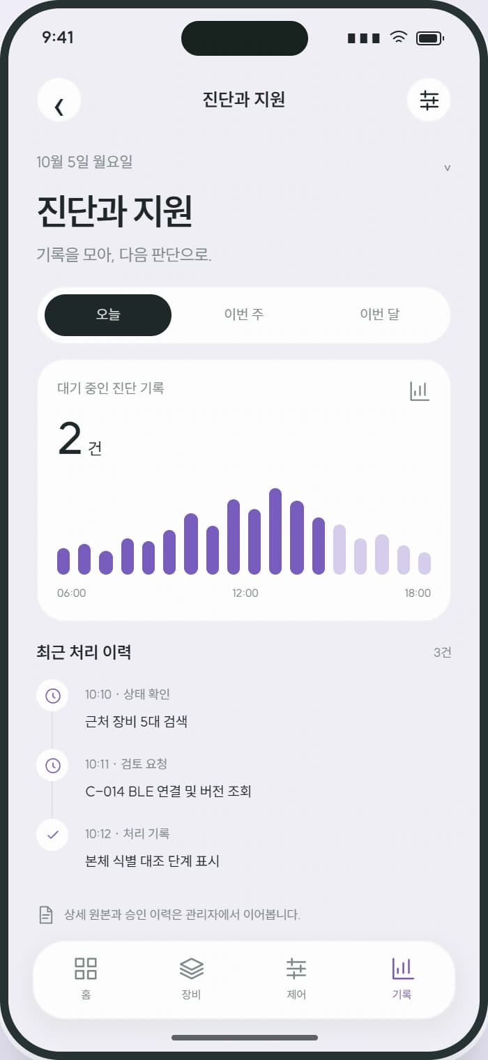 LUMI 앱 4: 진단과 지원. 요청·응답·실행 결과를 구분해 이전 작업을 이어갑니다.