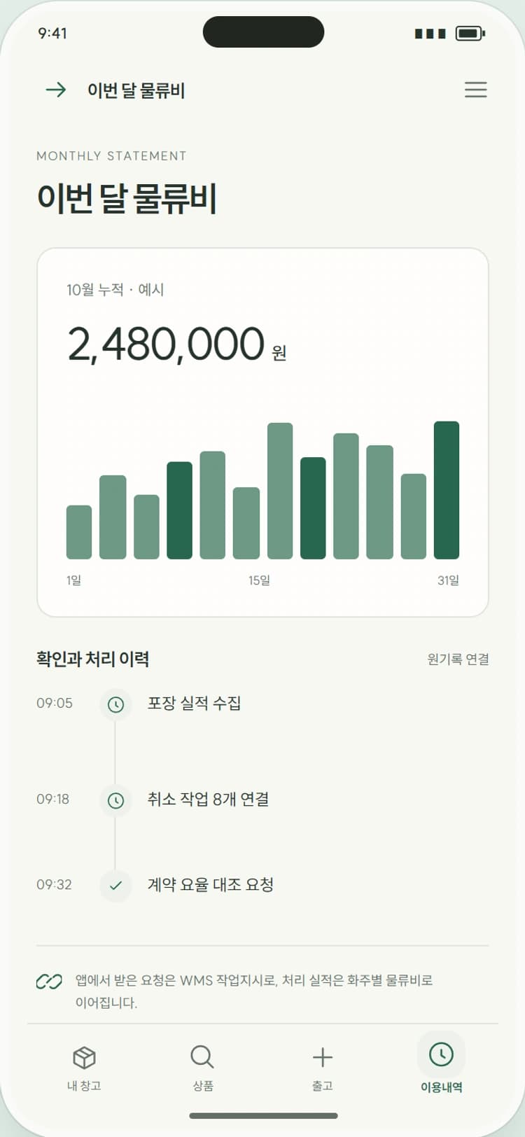 STOCKLY 앱 시안 4: 이번 달 물류비. 보관·포장·출고 비용을 원작업별로 확인합니다.
