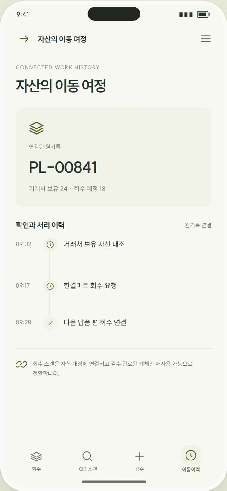 LOOP / PALLET 앱 시안 4: 자산의 이동 여정. 반출·인수·회수·재사용의 개체별 이동 기록을 이어봅니다.