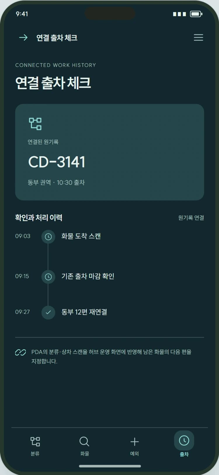 SORTLINE 앱 시안 4: 연결 출차 체크. 상차 완료량과 남은 화물을 출차 편별로 확인합니다.